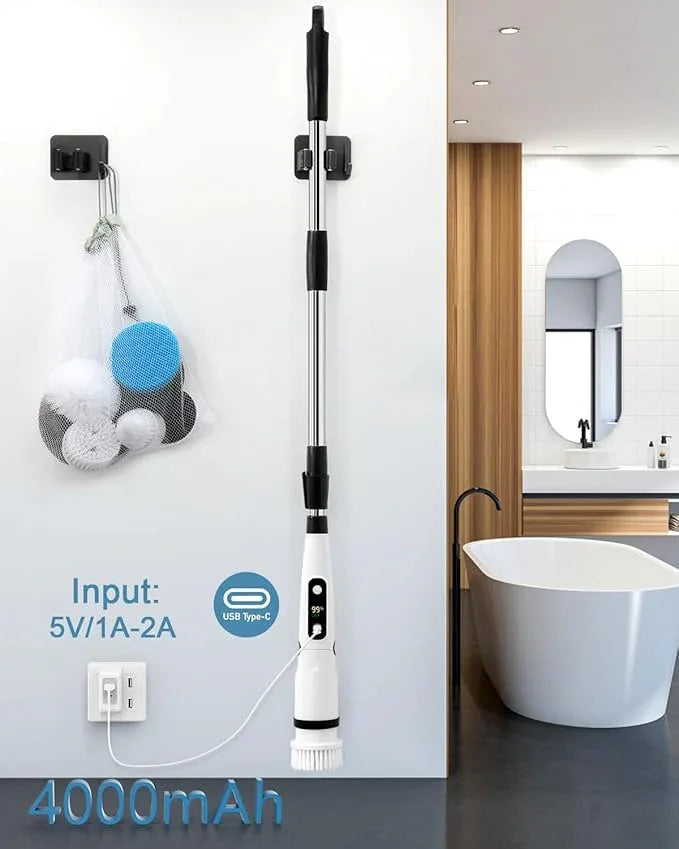 IEZFIX Electric Spin Scrubber, Bathroom Power Shower Scrubber Cleaning Brush for Tub/Tile/Floor/Toilet/Kitchen, 8 Cleaner Scrub Brush Heads, 3 Speeds 450RPM Max, Telescopic Rod Black - NeatNest