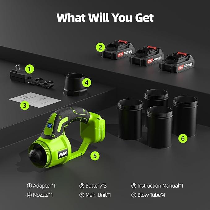 VASG Leaf Blower Cordless, 3 x 21V Batteries & Fast Charger Set, Variable Speed Mode, Lightweight Handheld Electric Leaf Blower for Lawn Care, Yard, Garden, Patio & Outdoor Cleanup - NeatNest