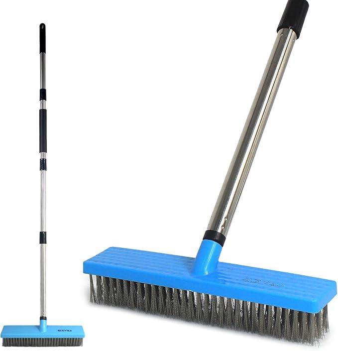 FRAXIR Stainless Steel Wire Broom Deck Scrubber Brush with 55” Adjustable Length Sturdy Long Handle, Stainless Steel Outdoor Broom for Cleaning Moss Concrete Floors Grout Gardens Patios - NeatNest