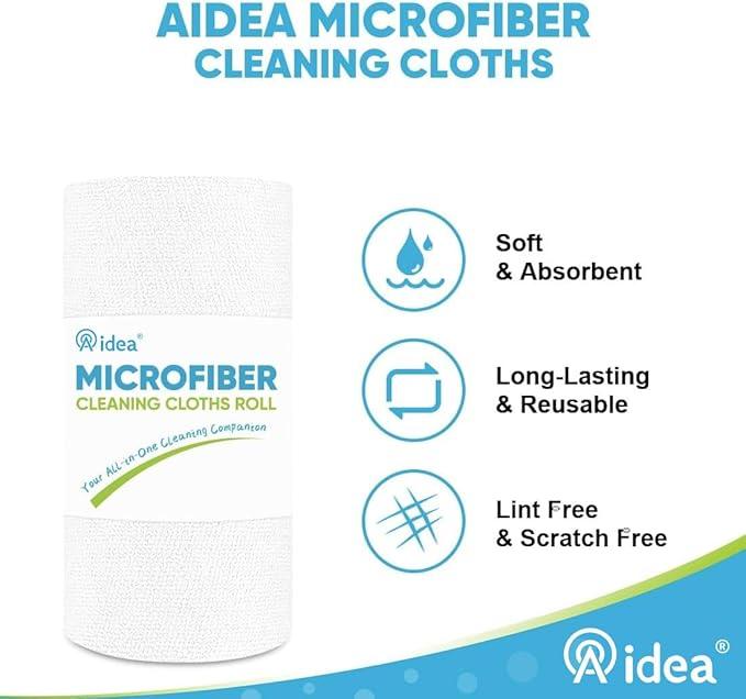 AIDEA Microfiber Cleaning Cloth Roll, Shop Towels 165 Sheets(3 Roll), Tear Away Reusable Paper Towels, White Rags for Bars, Cleaning Rags for Automotive, Mechanic, Workshops, House, 11×9" - NeatNest