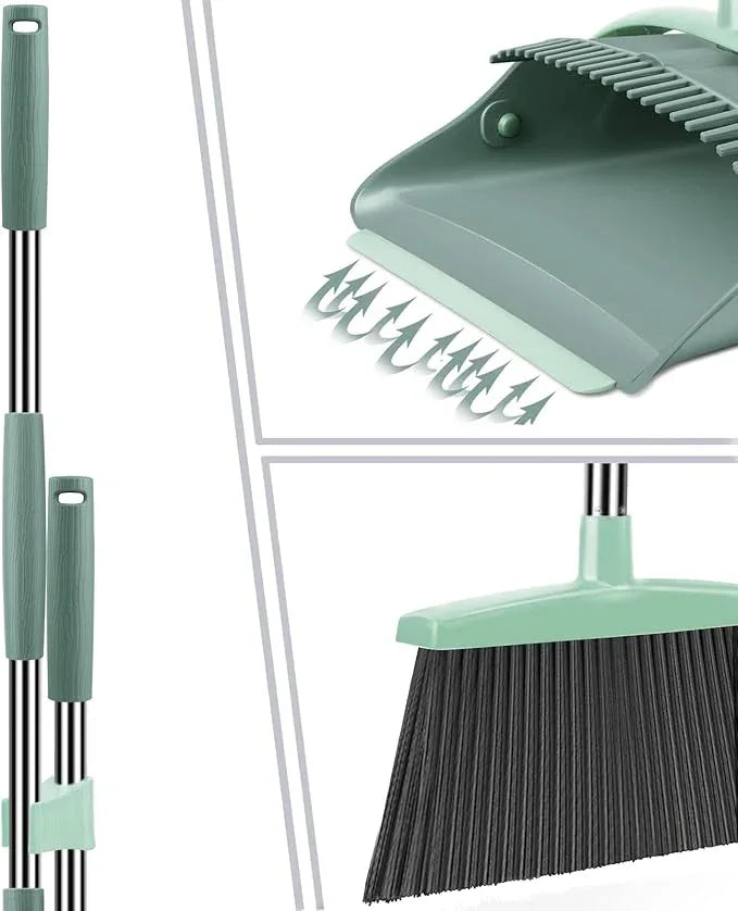 Broom and Dustpan Set for Home, Dust pan with Long Handle, Broom with Dustpan Combo Set, for Home Kitchen Room Office Lobby Floor Use Upright Stand Up Sweeping (Gray&Green) - NeatNest