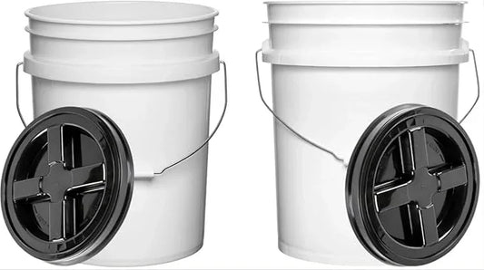 House Naturals Food Grade 5 Gallon Made in USA Plastic Bucket with Screw on Lid (White Buckets with Black Lids) - NeatNest