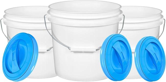 House Naturals 2 Gallon White Bucket with Screw on Lid - Pack of 3 Made in USA contrainers (White Buckets with Aqua Lids) - NeatNest
