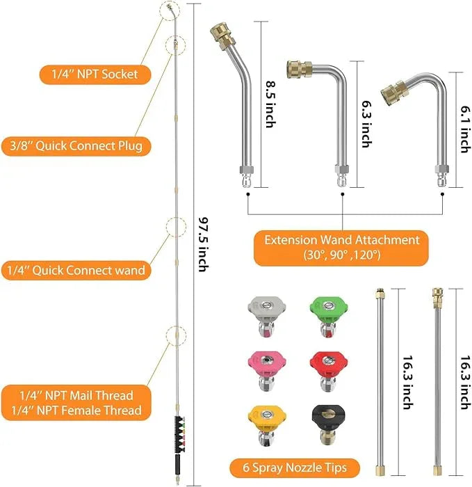 Sealegend 8FT Pressure Washer Extension Wand for Gutter Cleaning, Upgrade Power Washer Accessories with 6 Spray Nozzle Tips, 3 Gutter Cleaner Attachments Curved Rod, 1/4" Quick Connect, 4000 PSI - NeatNest