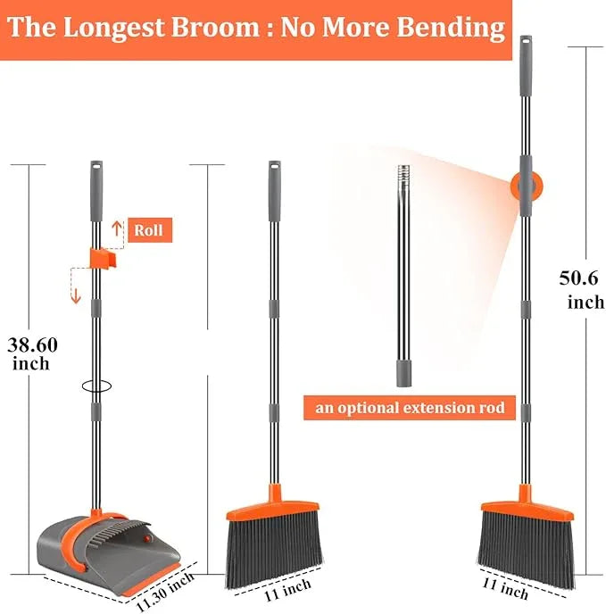 Broom and Dustpan Set for Home, Broom and Dustpan Combo for Office, Long Handle Broom with Upright Standing Dust pan,Indoor&Outdoor Sweeping (Gray&Orange) - NeatNest
