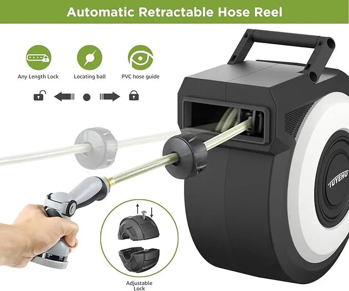 Tuyeho Retractable Garden Hose Reel 5/8" x 90 ft, Wall Mount Water Hose Reels with Automatic Slow Rewind System, Outdoor Hoses Reel with 2 Hose Nozzles for Garden Watering, Car Wash, Pet Shower - NeatNest