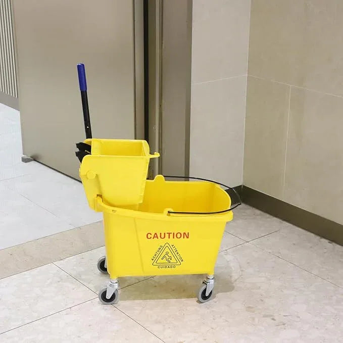Commercial Mop Bucket with Side Press Wringer on Wheels, Including One Commercial Mop, 35 Quart, Yellow - NeatNest