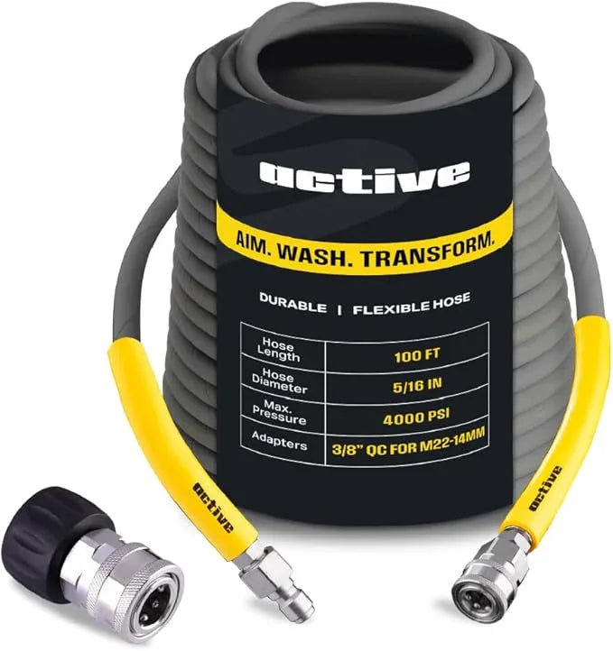 Active 100’ Pressure Washer Hose Compatible with gas and electric pressure washers (M22-14mm) Kink resistant, flexible steel braided power washer hose, max operating spec of 4000PSI & 12GPM and 212°F - NeatNest