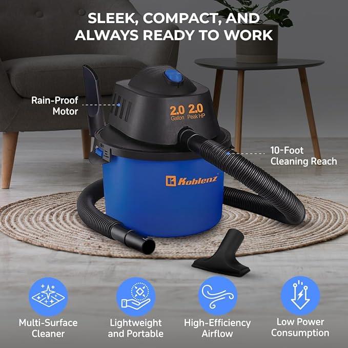 Koblenz WD-2L Portable Wet Dry Vacuum, 2-Gallon 2 PHP Suction Plus Blower Vacuum Cleaner for Liquids, Dust, Pet Hairs, 10' Reach, Ideal for Home, Car, Garage, Shop, Accessories Included, Blue/Black - NeatNest
