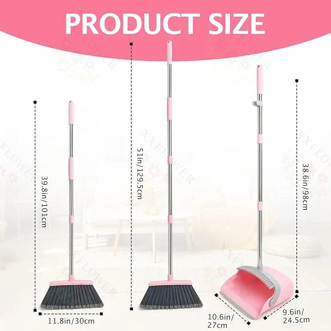 Broom and Dustpan Set, Dustpans with Broom Combo for Home, Heavy Dust Broom and Dustpan Combo, Long Handle Dust Pan and Broom Set for Kitchen, Office, Pet Hair(Gray Pink) - NeatNest