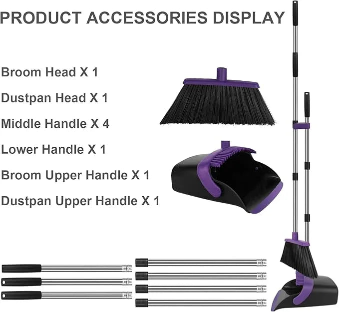 Broom and Dustpan Set, Large Household Dustpans and Broom with 55 Inch Long Handle, Pueple Broom with Dustpan Combo Set for Home - NeatNest