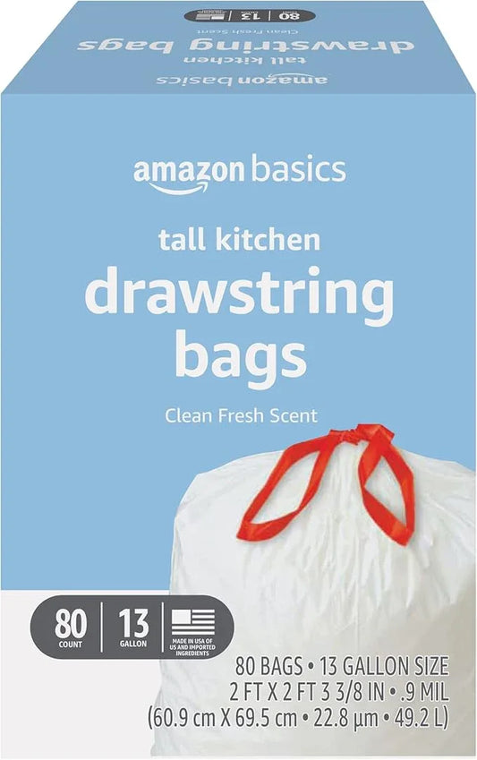 Amazon Basics Tall Kitchen Drawstring Trash Bags, Clean Fresh Scent, 13 Gallon, 80 Count (Previously Solimo) - NeatNest