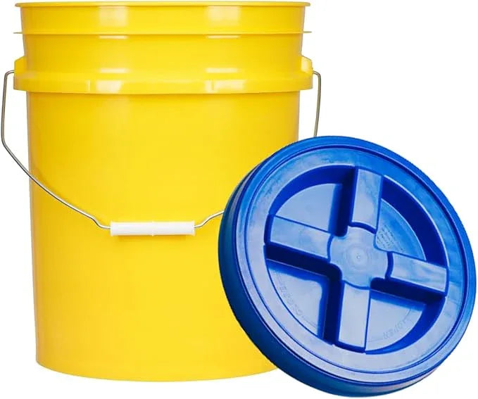 House Naturals 5 Gallon Plastic Yellow Food Grade BPA Free Made in USA Bucket Pail with Air Tight Double Gasket Screw on Lid(Pack of 3) (Yellow and Blue lids) - NeatNest