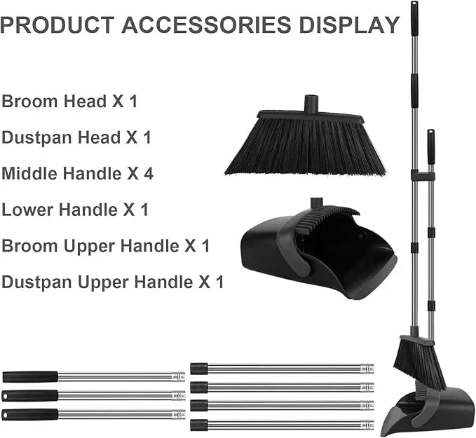 Broom and Dustpan Set, Large Household Broom with Dustpan Combo Set, 55" Long Handle Black Dust Pan Kit for Kitchen Lobby Office Indoor Outdoor - NeatNest