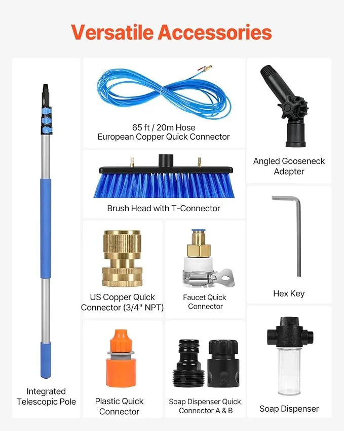 VEVOR Water Fed Pole Kit, 12FT Solar Panel Cleaning Pole with Extendable Handle, 180° Rotatable Brush Head & 65.6FT Hose, Household & Outdoor Window Cleaner Tool for Caravan Solar Panel Deck - NeatNest