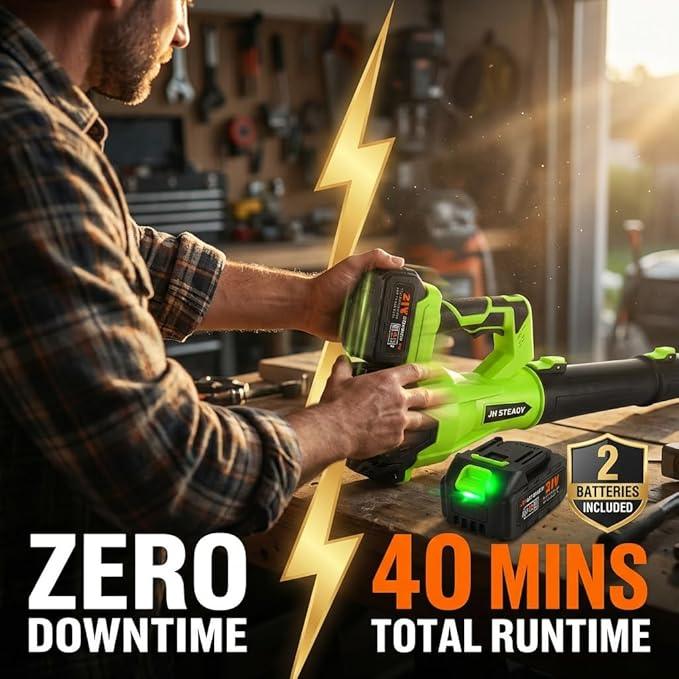 21V Cordless Leaf Blower - 3500W 350m/s, Stepless Variable Speed, Extended Nozzle, Rechargeable with Safety Gear (Green:1*Battery + Charger) - NeatNest