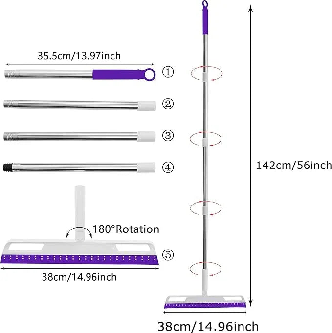 Magic Broom Multifunction Silicone Floor Squeegee, Air Broom for Floor with 56" Long Handle, 4-in-1 Rubber Sweeper for Dirt, Liquids, Pet Hair, Tile Hardwood Floors, Carpet, Living Room (Purple) - NeatNest