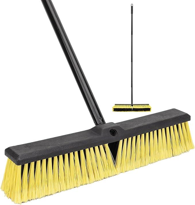 18 Inches Push Broom Outdoor- Heavy Duty Commercial Broom with 64.5" Long Handle and Stiff Bristles for Patio Garage Deck Concrete Wood Stone Tile Driveway Yard Warehouse Shop Floor Cleaning - NeatNest