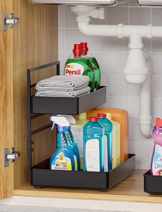EVERIE Metal Pull Out Slide Shelf Organizer for Under Sink Organization in Kitchen, Bathroom, Counter, Cabinets, Minimum Available Space 13" Wide x 16.5" Deep (Black, 1 Set) - NeatNest