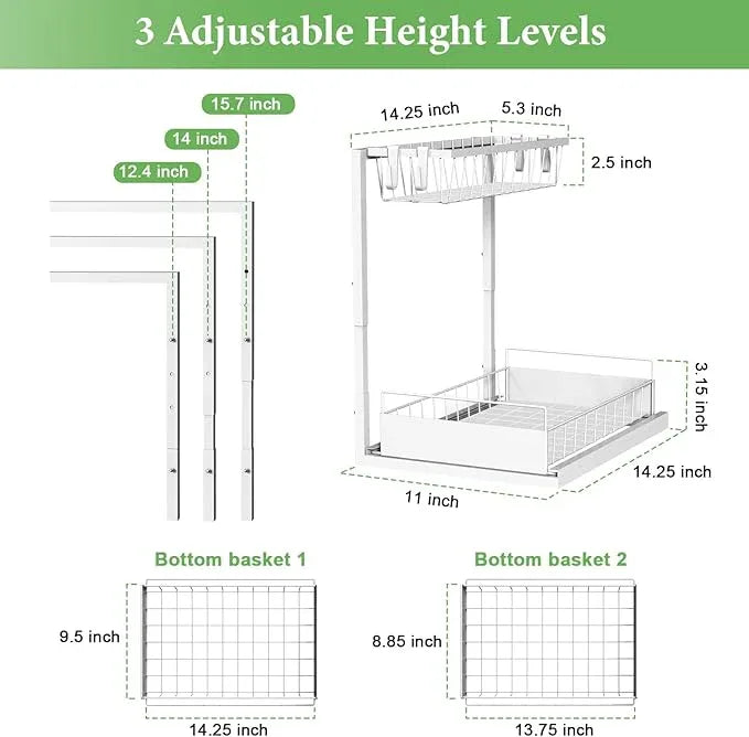 REALINN Under Sink Organizer, Height Adjustable Pull Out Cabinet Organizer, 2 Tier Under Sink Organizers and Storage for Kitchen Bathroom Laundry, White, 2 Pack - NeatNest