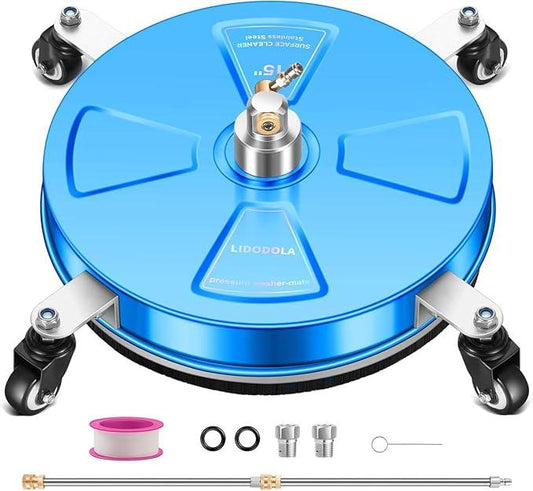 15" Pressure Washer Surface Cleaner with 4 Wheels - Coated Blue Stainless Steel Surface Cleaner for Pressure Washer Attachment for Concrete, Driveway, Patio, Sidewalk, Deck and Driveways - PWS15B - NeatNest