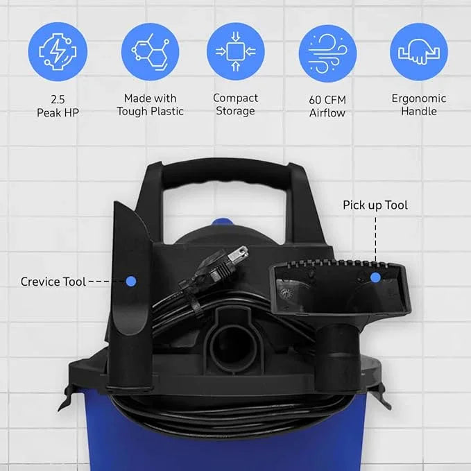 Koblenz WD-2.5L Portable Wet Dry Vacuum, 2.5-Gallon 2.5 PHP Suction Plus Blower Vacuum Cleaner for Liquids, Dust, Pet Hairs, 10’ Reach, For Car Cleaning, Wall-Mount Support, Parts Included, Blue/Black - NeatNest