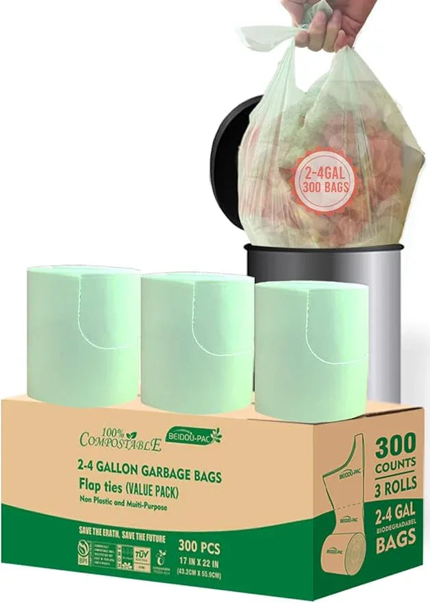 3 Gallon Flap Tie Compostable Trash Bags, 300 Count Small Compost Bags, Biodegradable Kitchen Garbage Bags, Food Scrap Waste Bags for Countertop Bin, ASTM D6400, US BPI Certified - NeatNest