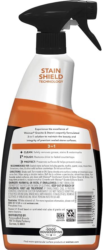 Weiman Granite and Stone Cleaner 3-in-1, Removes Grease, Stains & Watermarks, Streak-Free Formula with Stain Shield Technology, Safe on Marble, Quartz, Tile, Granite, Quartzite & Slate - NeatNest