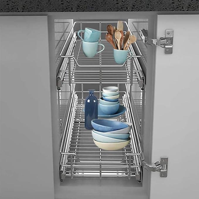 2 Tier Pull Out Cabinet Organizer 11" W X 22" D, Slide Out Drawers For Kitchen Cabinets, Pull Out Drawers For Cabinets Capacity Heavy Duty Caddy, Cabinet Pullout Shelves Chrome-Plated, Bathroom Pantry - NeatNest