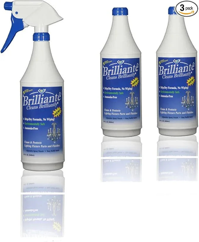 Brilliante Crystal Chandelier Cleaner - Manual Sprayer 32oz Environmentally Safe, Ammonia-free, Drip-dry Formula, Made in USA (3 Pack) - NeatNest