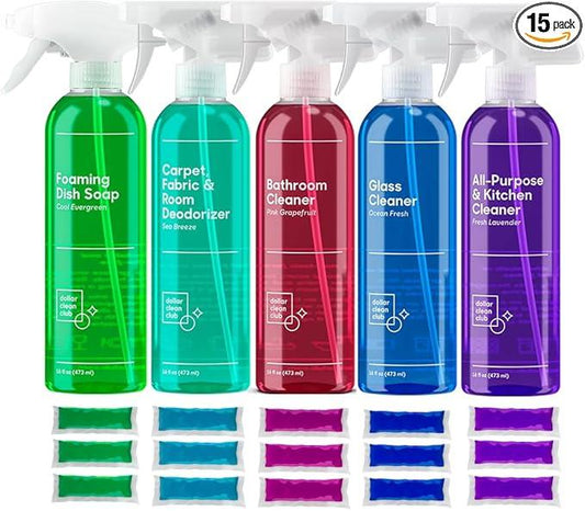 Complete Home Cleaning 15 Pack Kit, Kitchen, Bathroom, Carpet, Dish, and Glass Cleaner Refills - NeatNest
