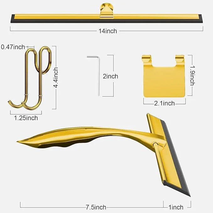 TOOVEM 14 Inch Shower Squeegee for Glass Doors, Window, Bathroom, Car Windshield, Shower Cleaning Tools with S Hook, Square Sticky Hook (Gold) - NeatNest