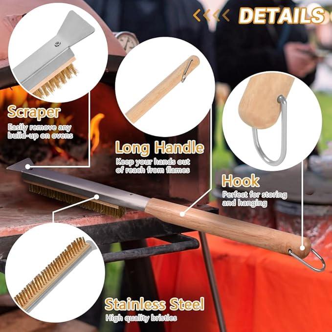 Aolso Pizza Oven Brush, 21" Brush and Stainless Steel Scraper for Pizza Stone, BBQ Grill Cleaning Brush Non Scratch Heat Proof Brass Bristles with Screwdriver, Outdoor Pizza Oven Accessories - NeatNest
