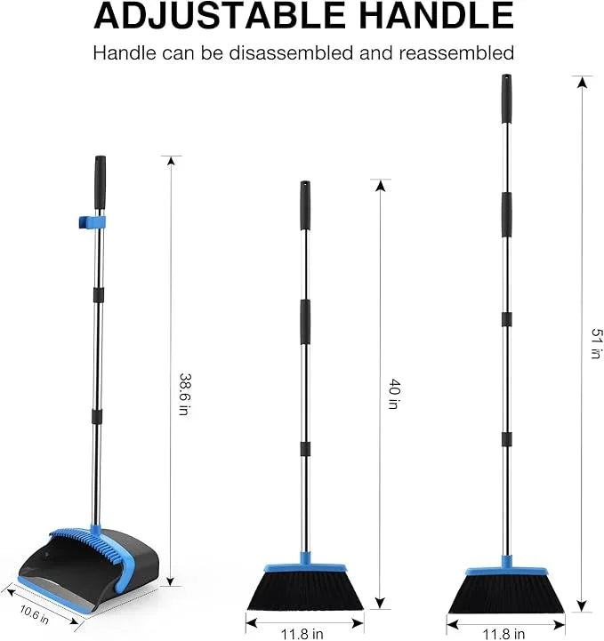 NACENA Broom and Dustpan Set, 52-in Long Adjustable Handle Broom Dustpan Combo with Dustpan Teeth to Automatically Clean Hair Suitable for Home Kitchen Office Hall Floor (Black&Blue), 2 Pack - NeatNest