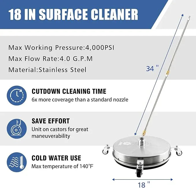 JANZ 18" Pressure Washer Surface Cleaner with 4 Wheels,1/4" Quick Plug,Stainless Steel Housing,2 Extension Wand Attachments, 3 Spray Nozzles and 2 Replacement Nozzles, 4000 PSI - NeatNest
