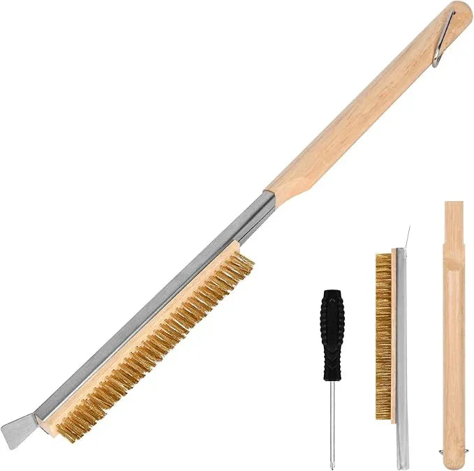 Aolso Pizza Oven Brush, 21" Brush and Stainless Steel Scraper for Pizza Stone, BBQ Grill Cleaning Brush Non Scratch Heat Proof Brass Bristles with Screwdriver, Outdoor Pizza Oven Accessories - NeatNest