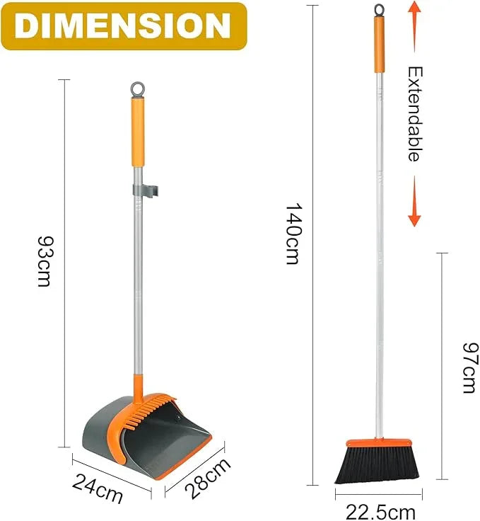 Broom and Dustpan Set with 54 Inch Long Handle - Perfect Dust Pan and Brush Combo for Home Efficient Cleaning (Orange and Grey) - NeatNest