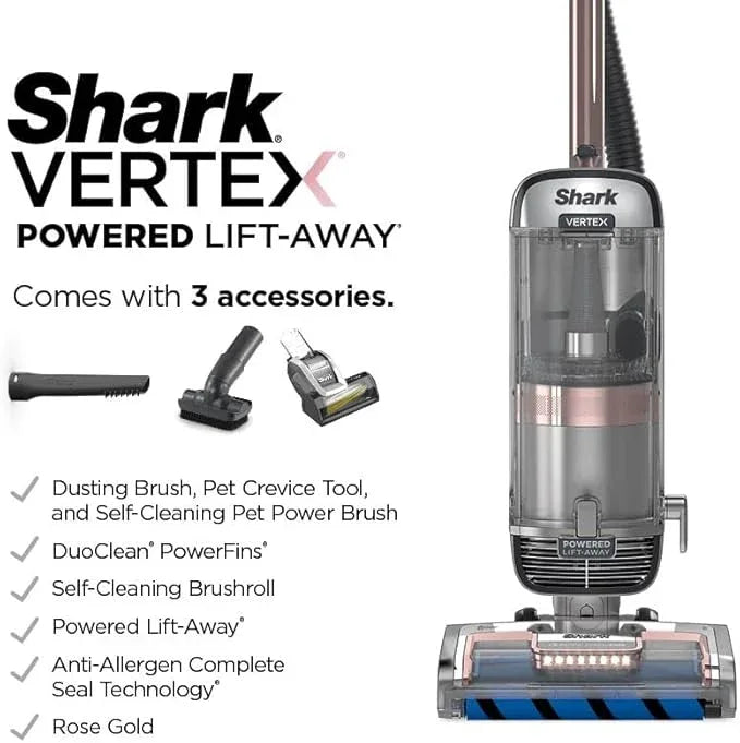 Shark AZ2002 Vertex Powered Lift-Away Upright Vacuum with DuoClean PowerFins, Self-Cleaning Brushroll, Large Dust Cup, Pet Crevice Tool, Dusting Brush & Power Brush, Silver/Rose Gold - NeatNest