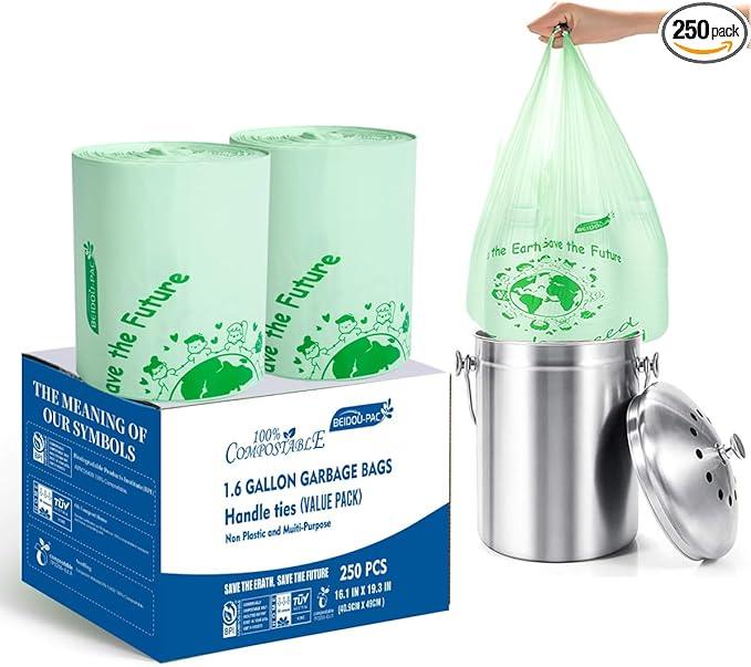 1.6 Gallon Compostable Trash Bags with Handle, 250 Count Small Compost Bags, Biodegradable Kitchen Garbage Bags, Food Scrap Waste Bags for Countertop Bin, ASTM D6400, US BPI Certified - NeatNest