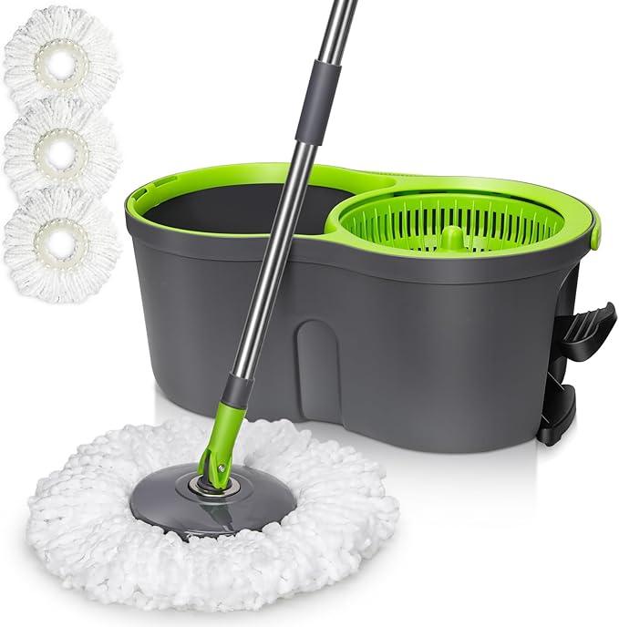Spin Mop Bucket System,Masthome Pedal Spin Mop and Bucket with Wringer Set,EasyWring Microfiber Mop with 3 Mop Pads,360°Spinning Floor Cleaning System - Home & Office Suitable - NeatNest