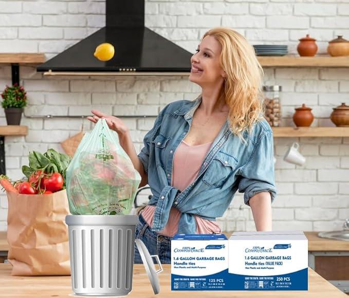 1.6 Gallon Compostable Trash Bags with Handle, 250 Count Small Compost Bags, Biodegradable Kitchen Garbage Bags, Food Scrap Waste Bags for Countertop Bin, ASTM D6400, US BPI Certified - NeatNest