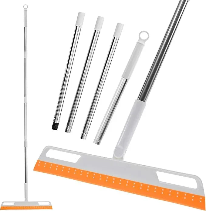 Multifunction Magic Broom, Silicone Floor Squeegee, Air Broom, Rubber Squeegee with 56" Long Handle, Floor Scraping Sweeper Wiper for Bathroom Shower Kitchen Pet Hair Fur Marble Tile Glass (Orange) - NeatNest