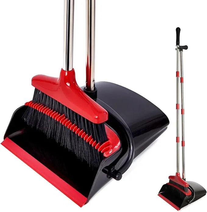 Broom and Dustpan Set with Long Handle, Light Weight Stainless Steel Poles Stand Upright Dustpans with Broom Combo for Home Kitchen Office Pet Dog Hair, Black & Red Color, 1-Pack - NeatNest