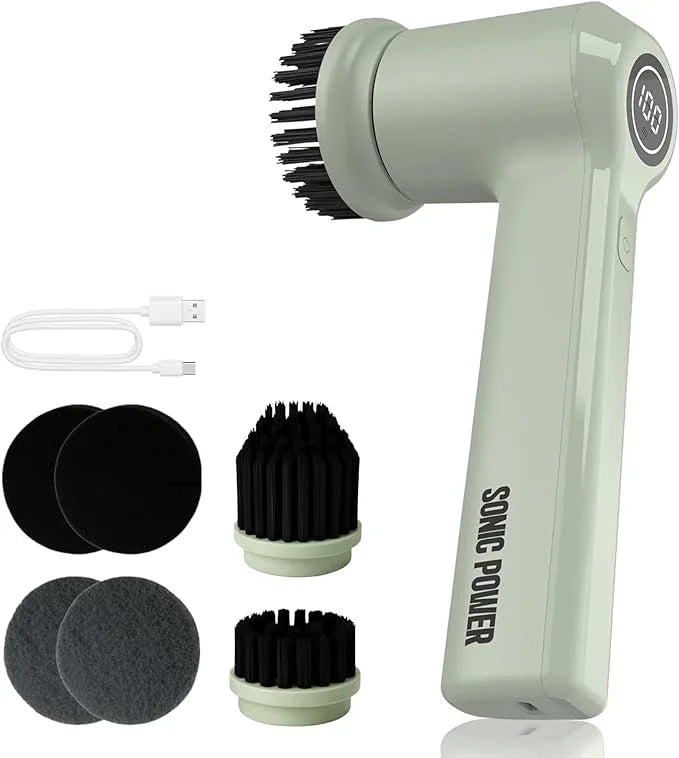 Electric Spin Scrubber – Handheld & Ergonomic, IPX7 Waterproof, 4 Multi-Purpose Brush Heads, Long-Lasting Rechargeable Battery – Cleans Dishes, Bathroom, Tile, Grout & Kitchen (Sage) - NeatNest