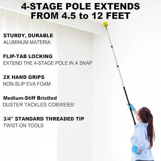 20 Foot Cobweb Duster with Extension Pole, 4-12ft Dusters for Cleaning with Bristles, High Reach Feather Duster for Outdoor Indoor, 4-Stage Spider Web Remover with Telescopic Pole for Ceiling Wall - NeatNest