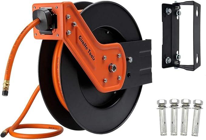 Giraffe Tools TA10 Retractable Air Hose Reel Swivel with 3/8 in. x 25 ft Hybrid Hose Max 300 PSI, Industrial Wall Mounted Compressor Hose Reel Heavy Duty, Air Compressor Heavy Duty Steel Reel - NeatNest