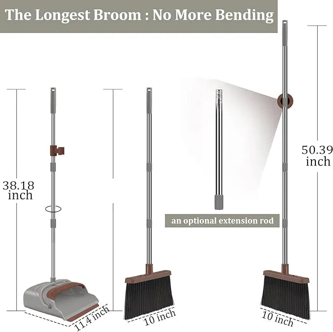 kelamayi Upgrade Broom and Dustpan Set, Self-Cleaning with Dustpan Teeth, Ideal for Dog Cat Pets Home Use, Super Long Handle Upright Stand Up Broom and Dustpan Set (Brown) - NeatNest