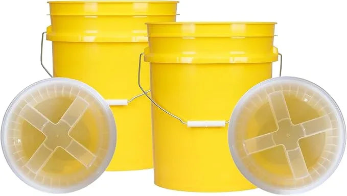 House Naturals 5 Gal Food Grade BPA Free Made in USA Yellow Plastic Buckets Premium 90 mil pails with Gasket Screw On Lids - Pack of 2 (Clear lids) - NeatNest