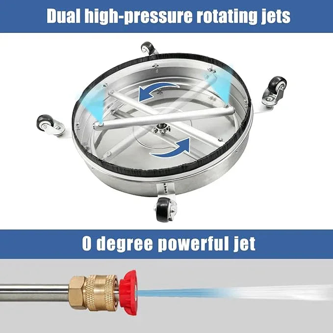 JANZ 20'' Pressure Washer Surface Cleaner with 4 Wheels, Stainless Steel Housing, 1/4" Quick Plug, 2 Extension Wands, 2 Replacement Nozzles and 3 Spray Nozzles, 4000 PSI - NeatNest