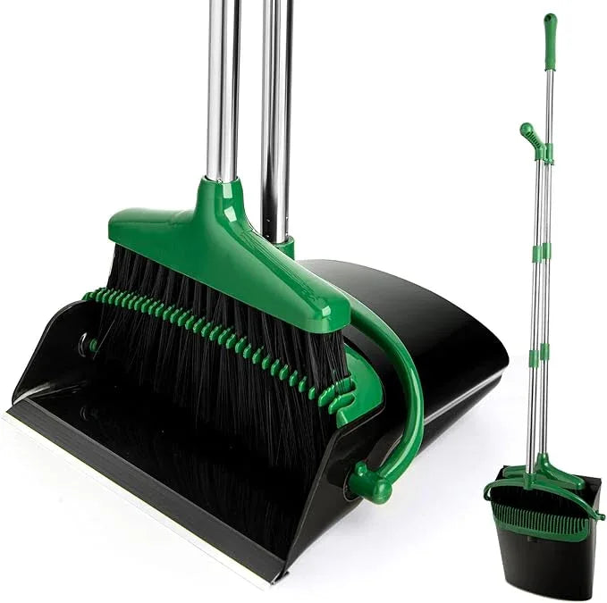 Broom and Dustpan Set with Long Handle, Light Weight Stainless Steel Poles Stand Upright Dustpans with Broom Combo for Home Kitchen Office Pet Dog Hair, 1-Pack(Black Green) - NeatNest
